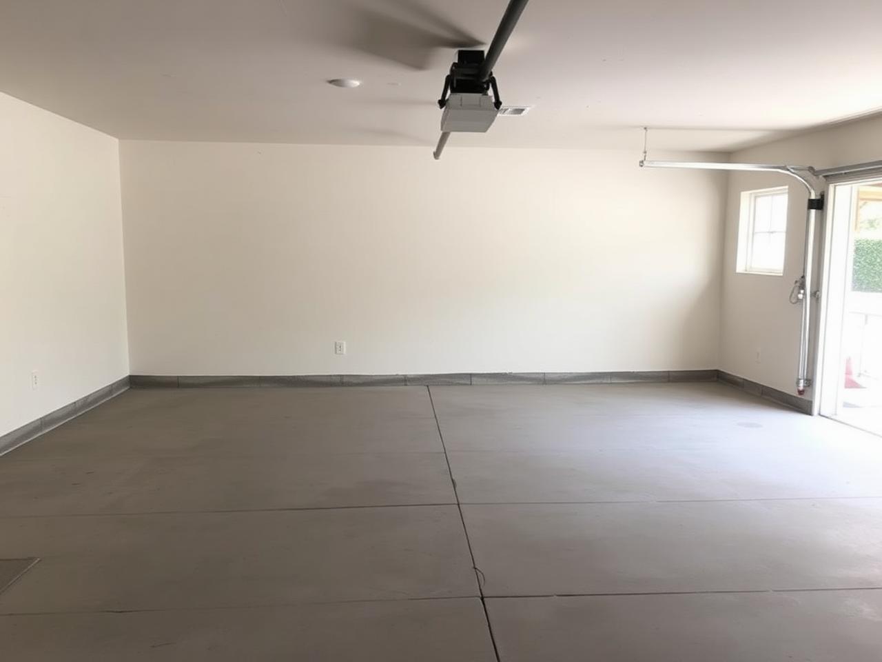 The same garage completely empty with a swept concrete floor after cleanout
